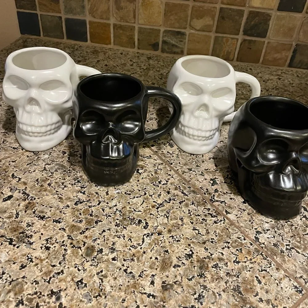Hyde and EEK Stoneware Skull Mugs  Set of 4 with 3 Shot Glasses